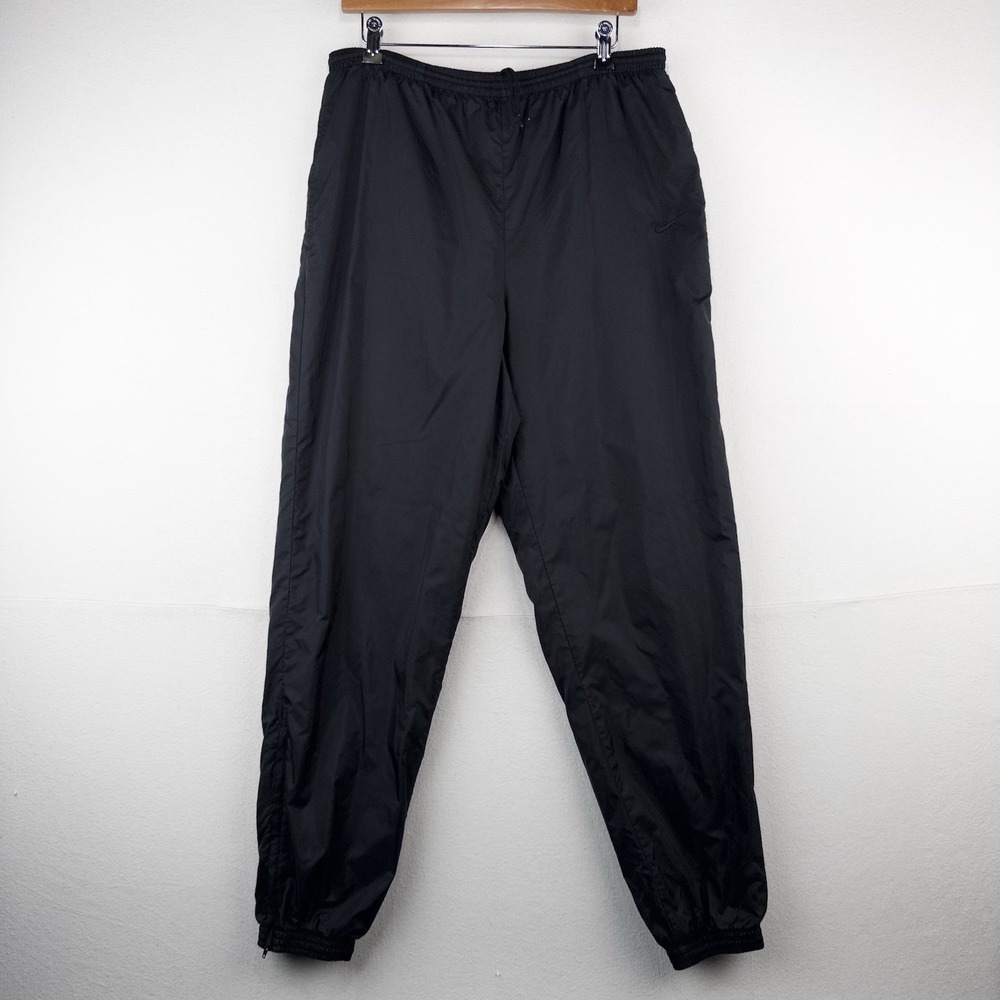 90s Vtg Nike Nylon Jogger Pants Men's Large Black Drawstring Lined Zip Ankle